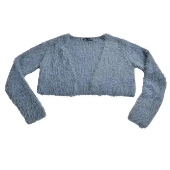 Zara Soft Fuzzy Cropped Cardigan Open front Long Sleeve  Blue Size Medium - Picture 4 of 10